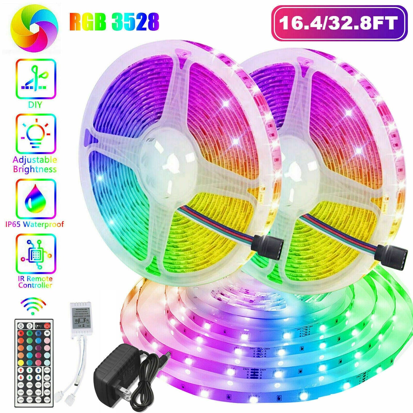 32FT LED SMD Strip Light Flexible 3528 RGB Remote Fairy Lights Room TV Party Bar